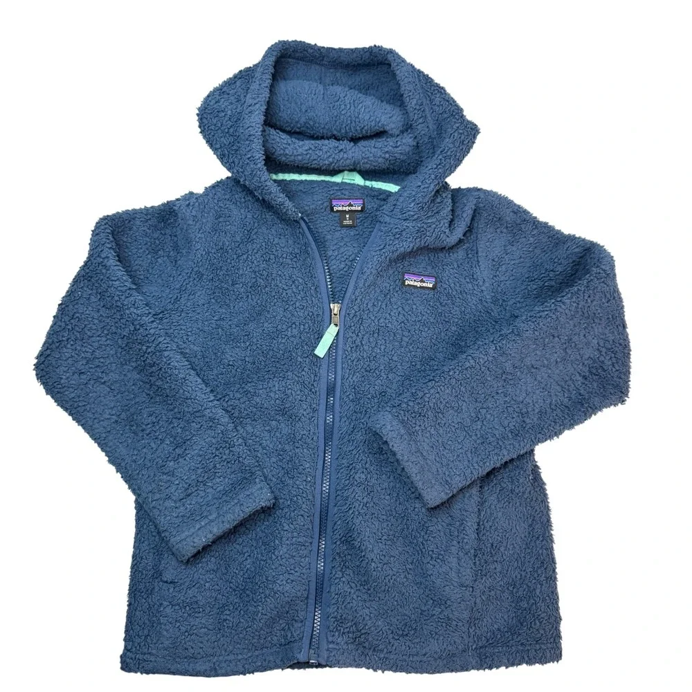 Patagonia Girls Sz 10 Los Gatos Hooded Jacket Blue Sherpa Fleece Full Zip Size M